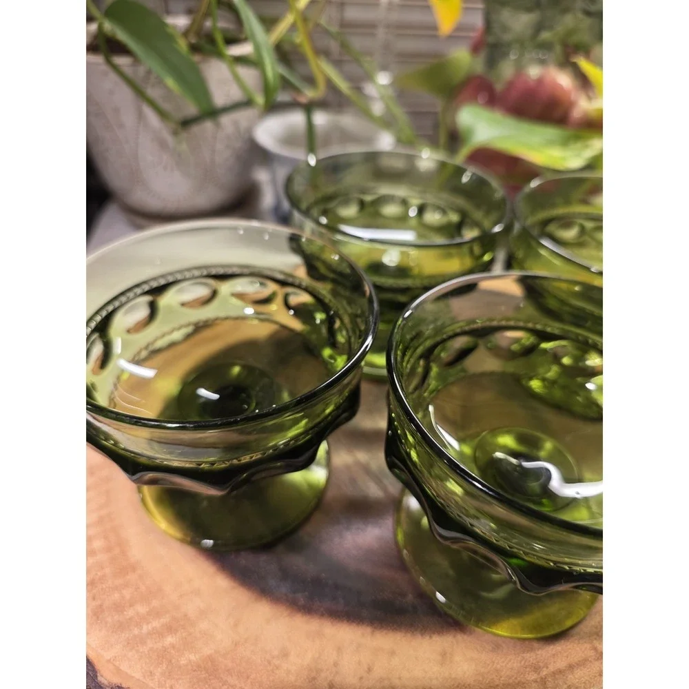 VTG Avocado Green Indiana Glass‎ Kings Crown Thumbprint Dessert Goblet Set Of 4